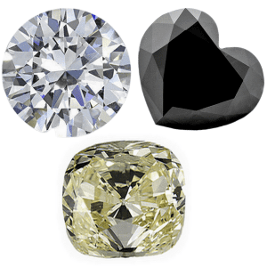 Image montrant un diamant blanc rond brillant et un diamant noir en forme de cœur, illustrant les différences de couleur et de brillance entre les deux pierres précieuses.