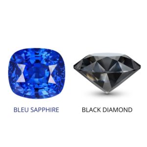 Image comparant un saphir bleu et un diamant noir côte à côte. Le saphir bleu présente une teinte intense et lumineuse, idéal pour un bracelet en or élégant, tandis que le diamant noir offre un éclat sombre et mystérieux, parfait pour un bijou moderne et audacieux.