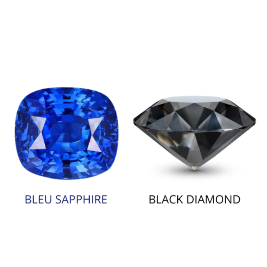 Image comparant un saphir bleu et un diamant noir côte à côte. Le saphir bleu présente une teinte intense et lumineuse, idéal pour un bracelet en or élégant, tandis que le diamant noir offre un éclat sombre et mystérieux, parfait pour un bijou moderne et audacieux.