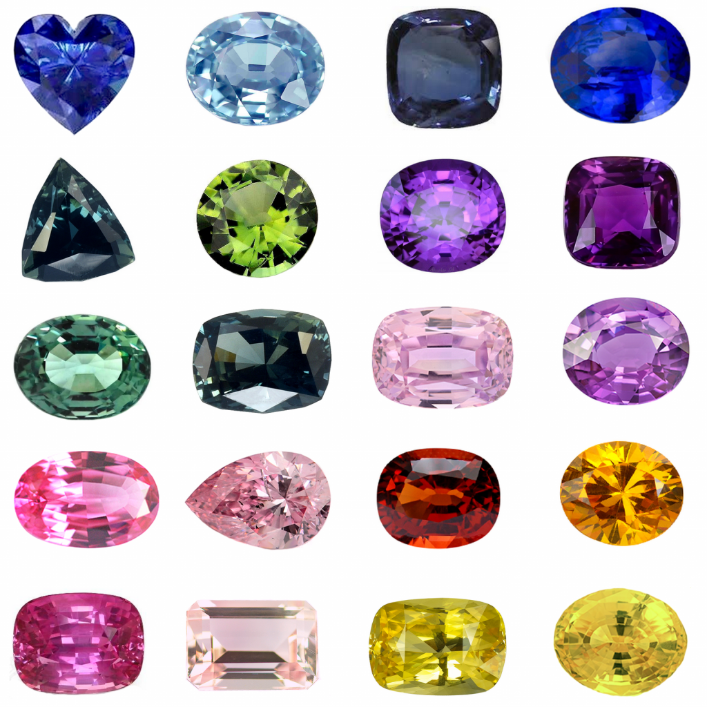 Une collection de saphirs de différentes couleurs et coupes, incluant le bleu, le rose, le vert, le jaune et le violet.