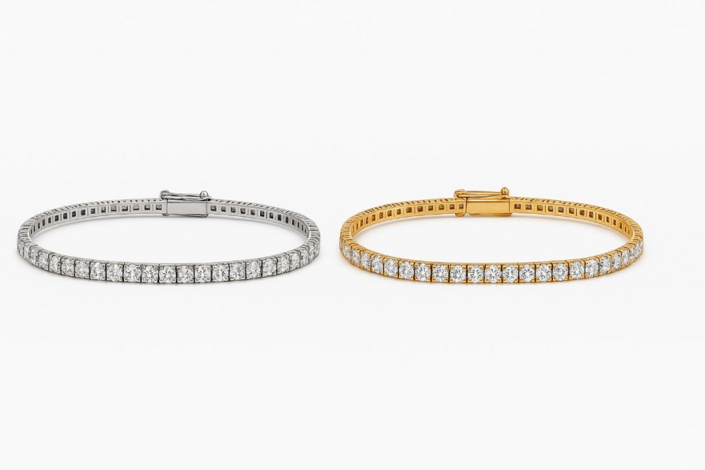Comparaison d’un bracelet en platine et d’un bracelet en or jaune avec diamants – Collection Bracelets Kern