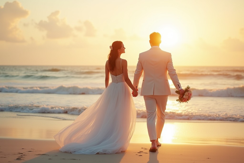 Couple marié marchant sur la plage au coucher du soleil l Noces de faïence - Bracelets Kern